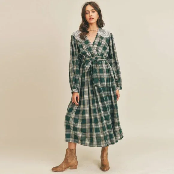 chinese dress ladies Retro Plaid Print Long-sleeved Shirt Style Casual Maxi Dress – roschic main image 0